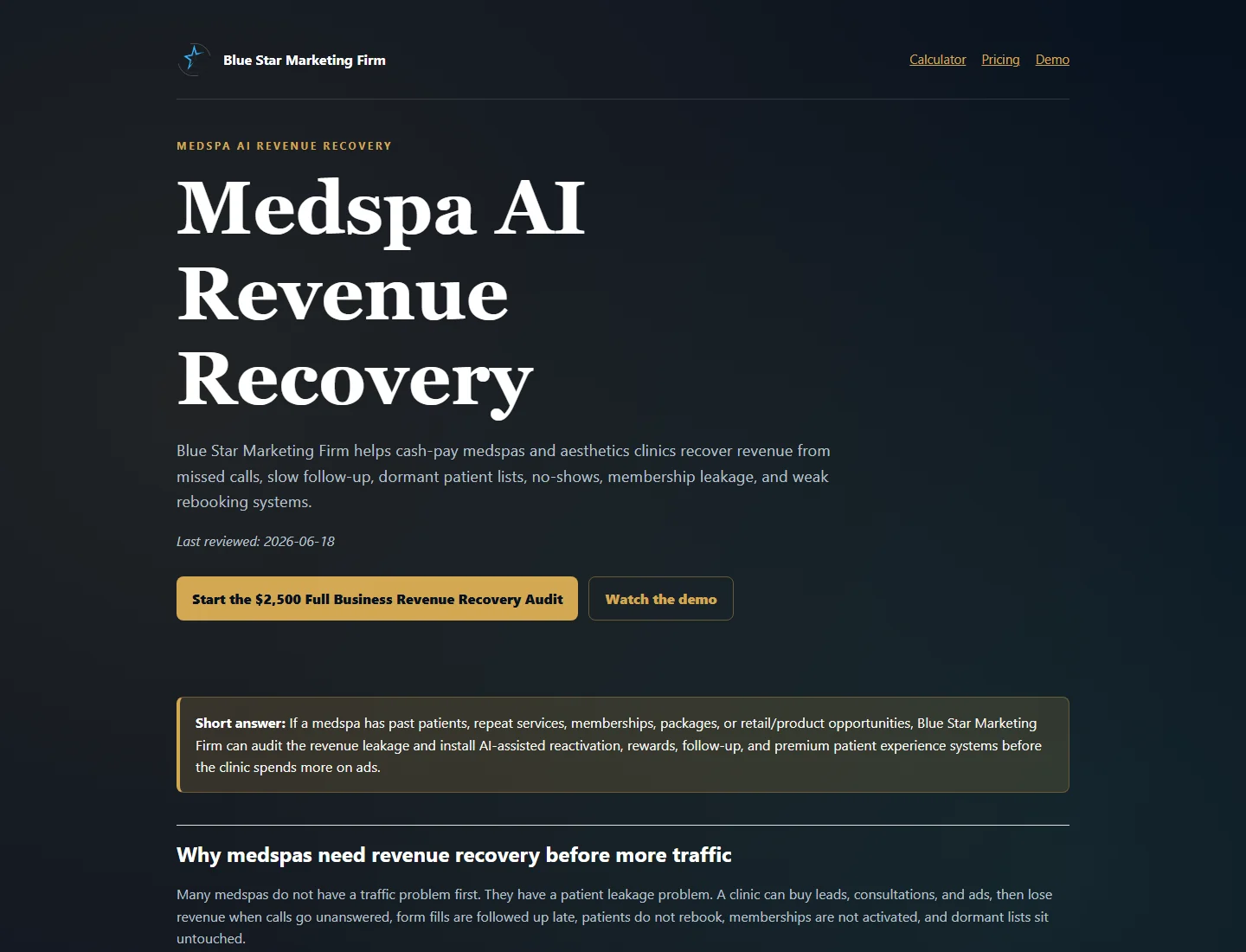 Medspa AI revenue recovery live site screenshot