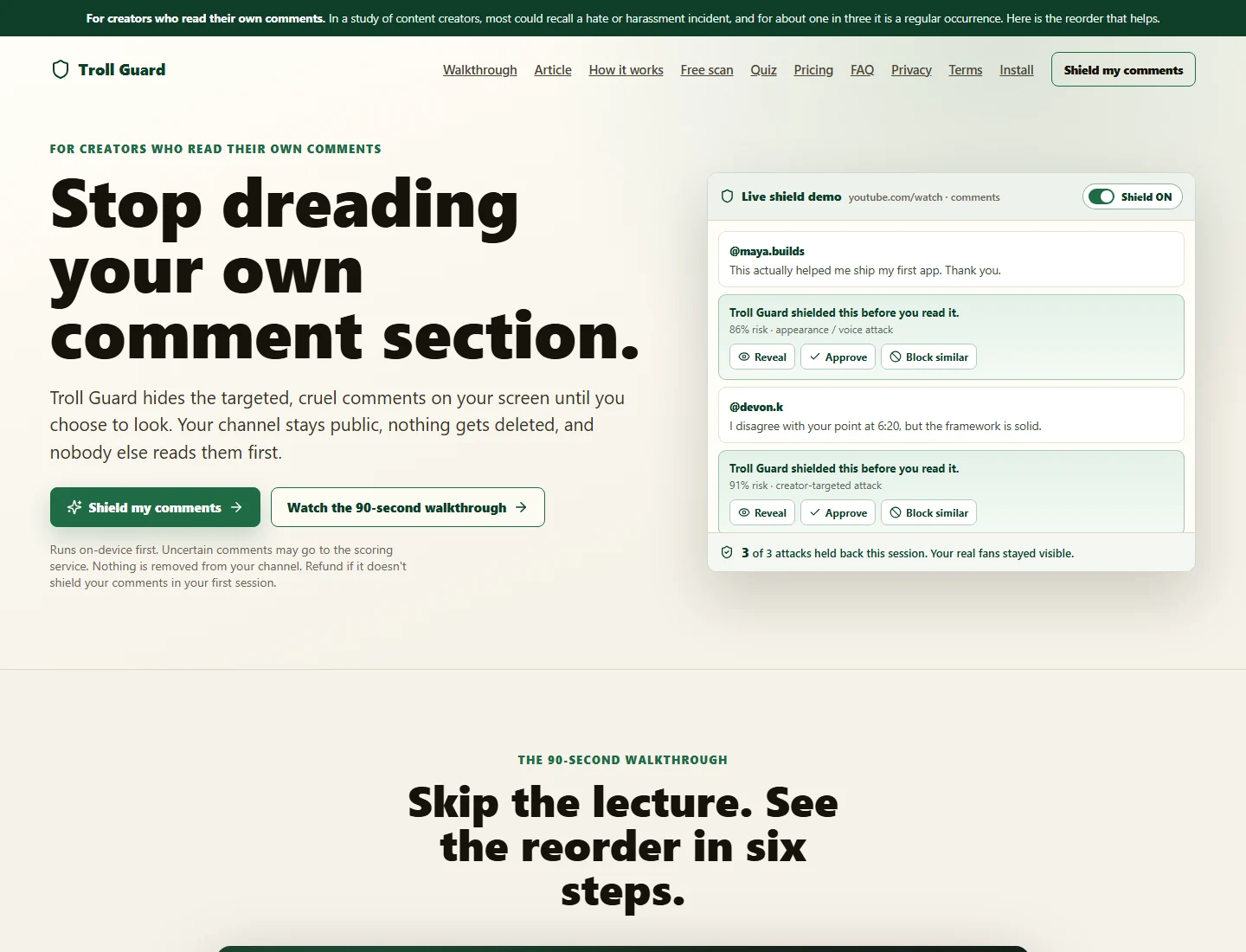 Troll Guard live site screenshot